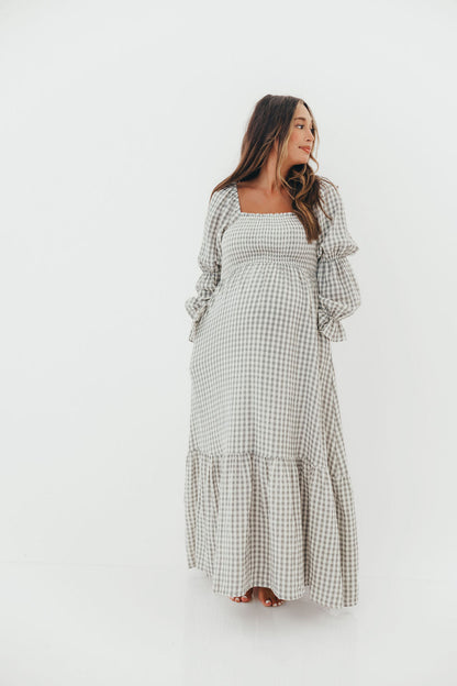 Emerson 100% Cotton Smocked Maxi Dress with Long Sleeves in Gray Sky - Bump Friendly - Restocking in Nov