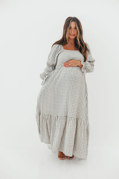 Emerson 100% Cotton Smocked Maxi Dress with Long Sleeves in Gray Sky - Bump Friendly - Restocking in Nov