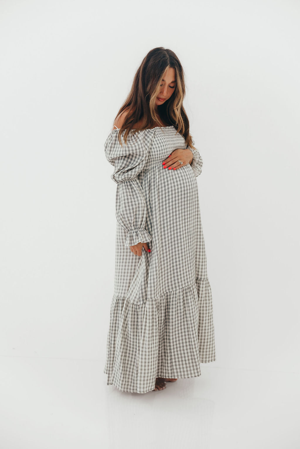 Emerson 100% Cotton Smocked Maxi Dress with Long Sleeves in Gray Sky - Bump Friendly - Restocking in Nov