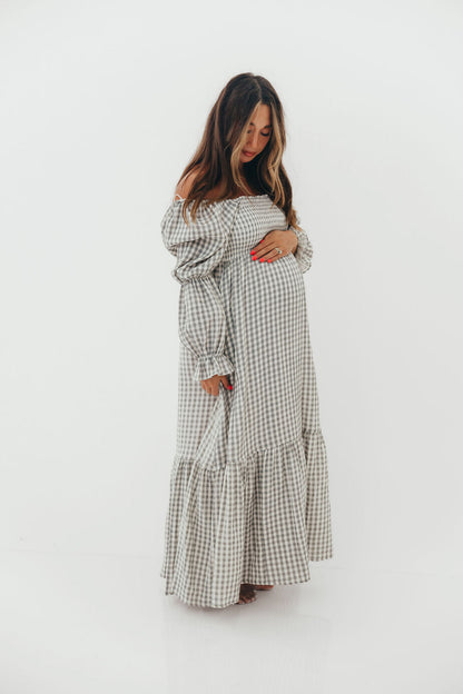Emerson 100% Cotton Smocked Maxi Dress with Long Sleeves in Gray Sky - Bump Friendly - Restocking in Nov