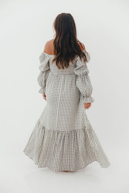 Emerson 100% Cotton Smocked Maxi Dress with Long Sleeves in Gray Sky - Bump Friendly - Restocking in Nov