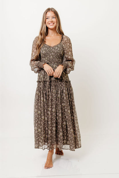 Luisa Smocked Floral Maxi Dress in Dusted Eucalyptus