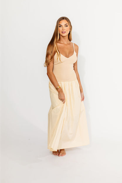 Gaby V-Neck Mixed Media Maxi Dress in Cream