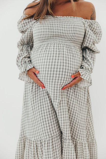 Emerson 100% Cotton Smocked Maxi Dress with Long Sleeves in Gray Sky - Bump Friendly - Restocking in Nov
