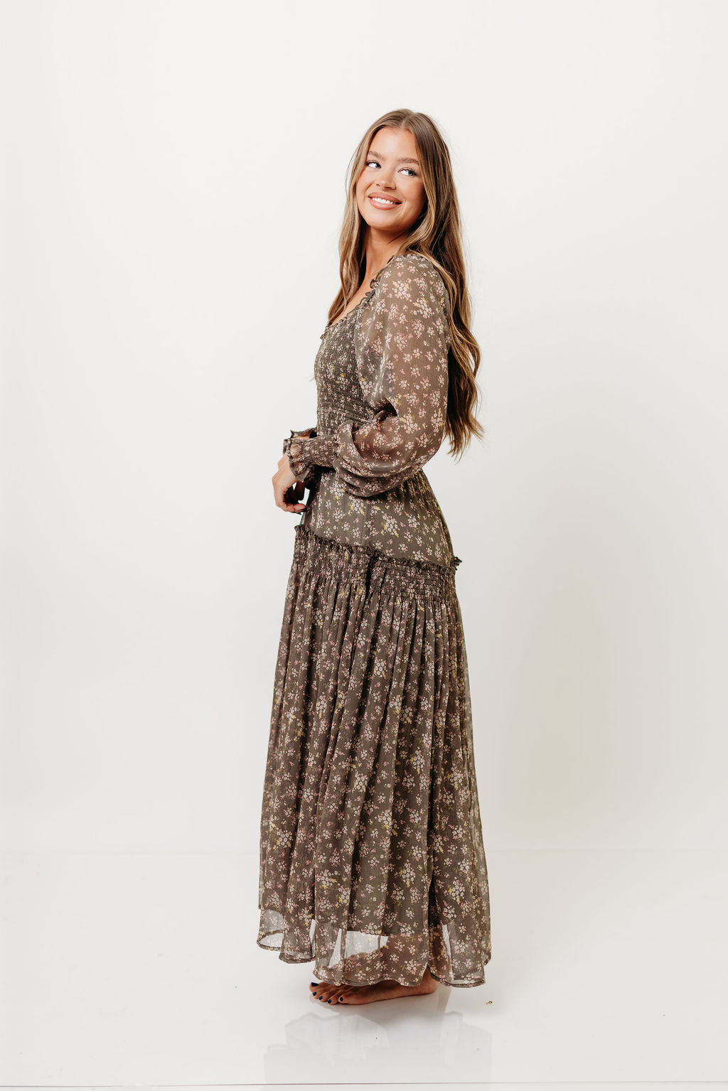Luisa Smocked Floral Maxi Dress in Dusted Eucalyptus