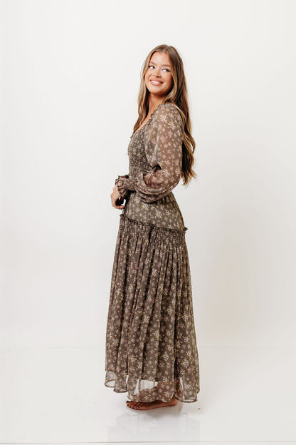 Luisa Smocked Floral Maxi Dress in Dusted Eucalyptus