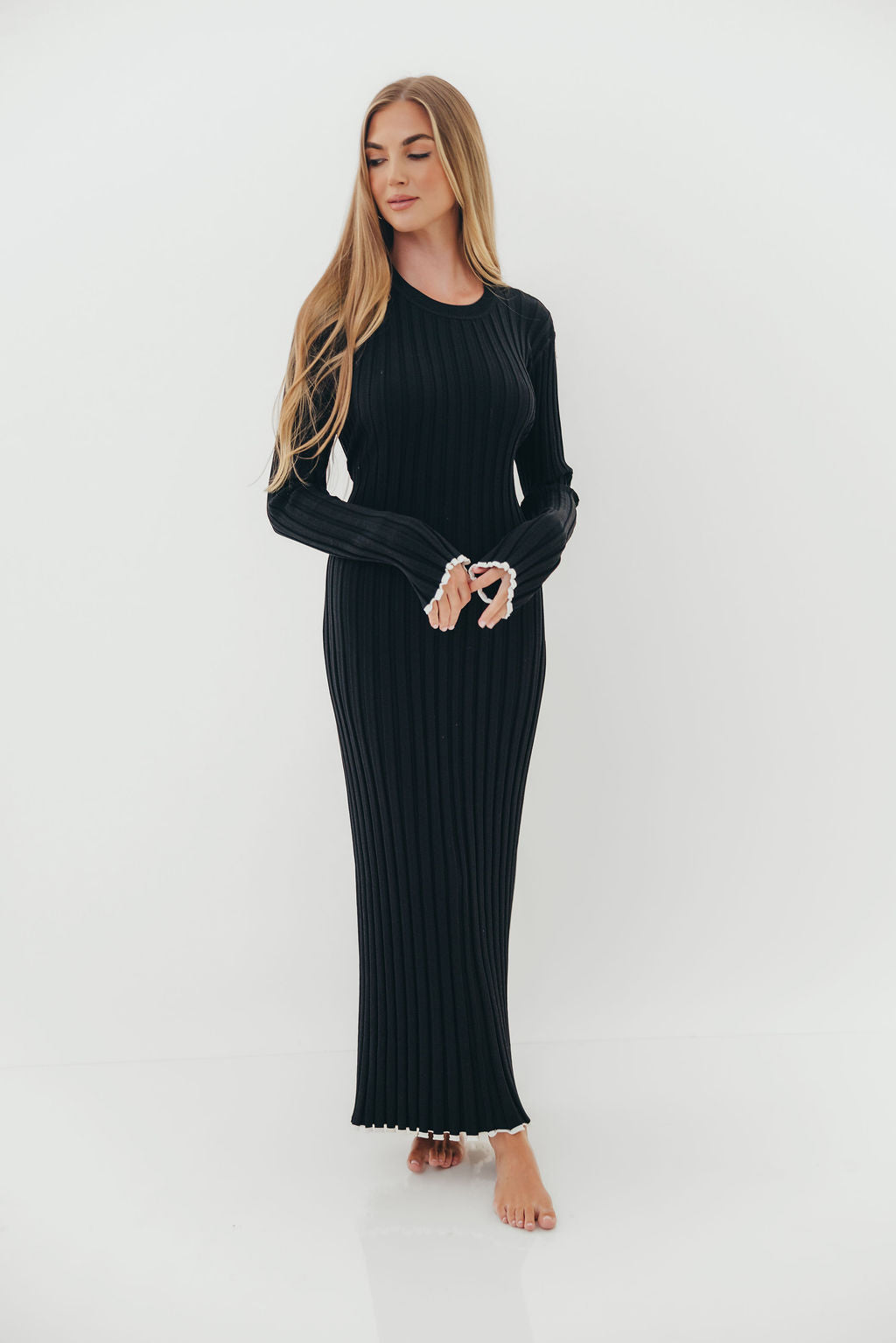 Bentley Ribbed Knit Maxi Dress in Black with White Trim - Bump Friendly