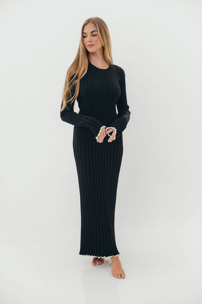 Bentley Ribbed Knit Maxi Dress in Black with White Trim - Bump Friendly