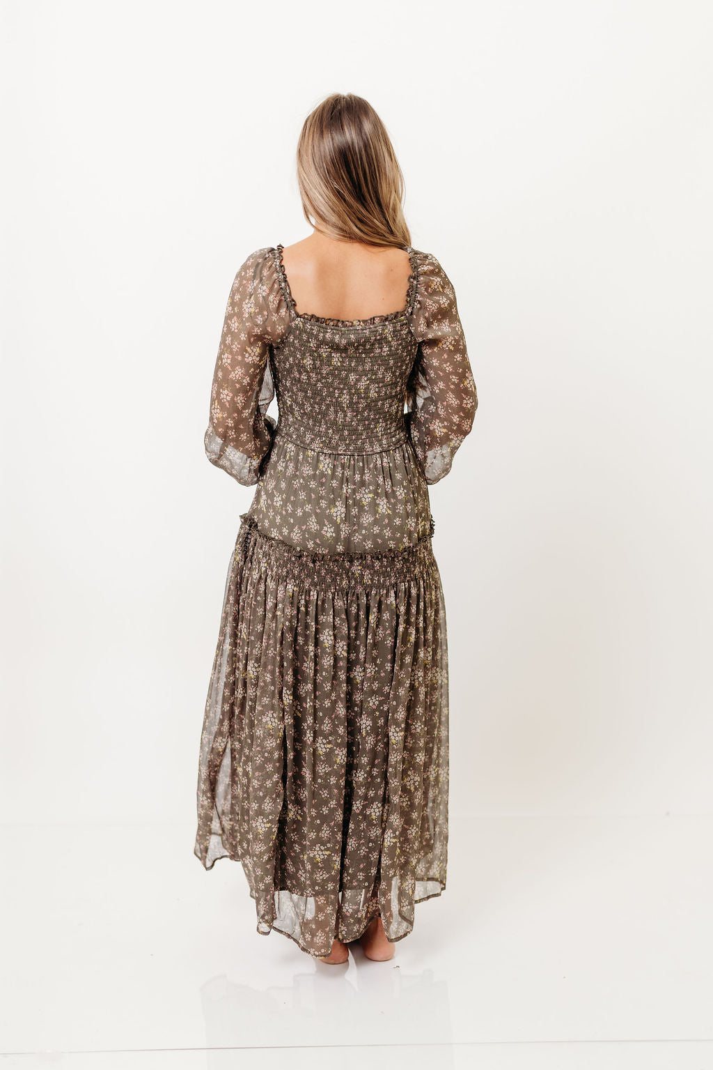 Luisa Smocked Floral Maxi Dress in Dusted Eucalyptus