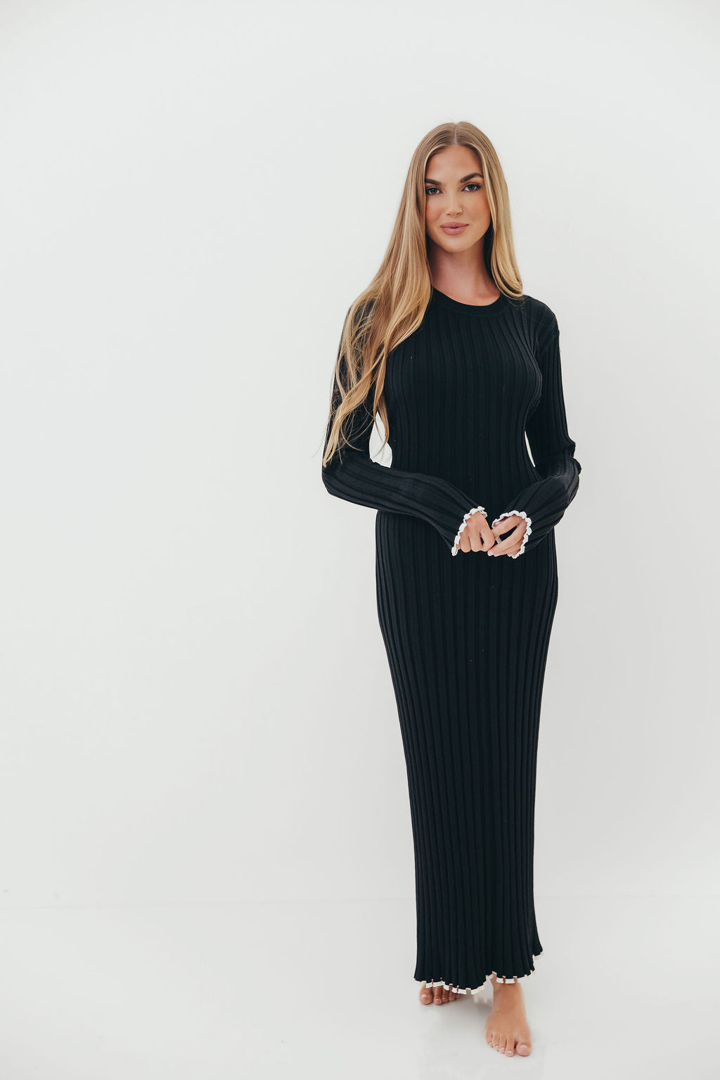 Bentley Ribbed Knit Maxi Dress in Black with White Trim - Bump Friendly