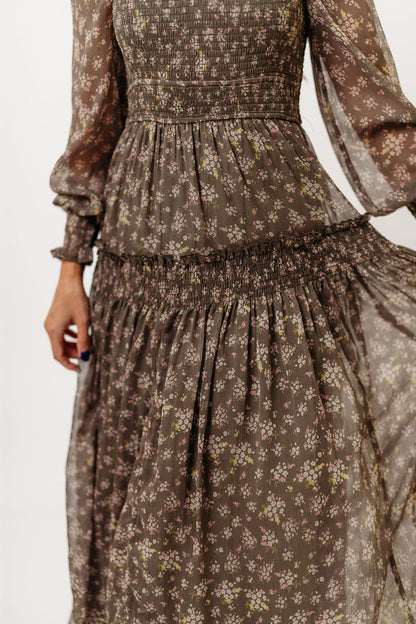 Luisa Smocked Floral Maxi Dress in Dusted Eucalyptus