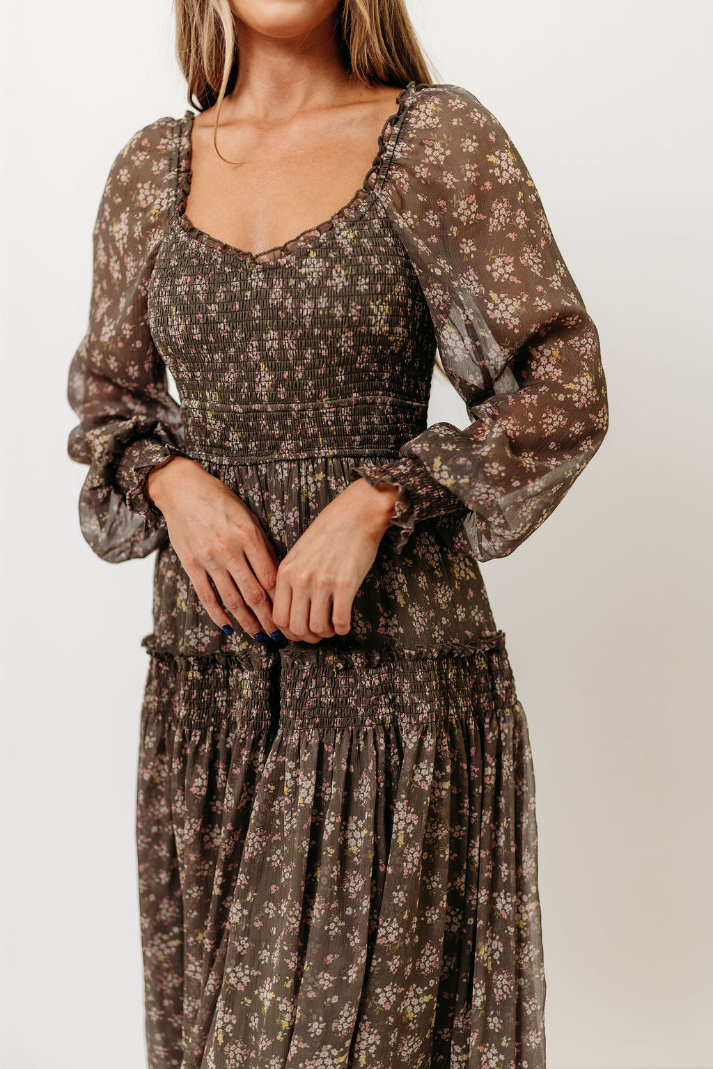 Luisa Smocked Floral Maxi Dress in Dusted Eucalyptus