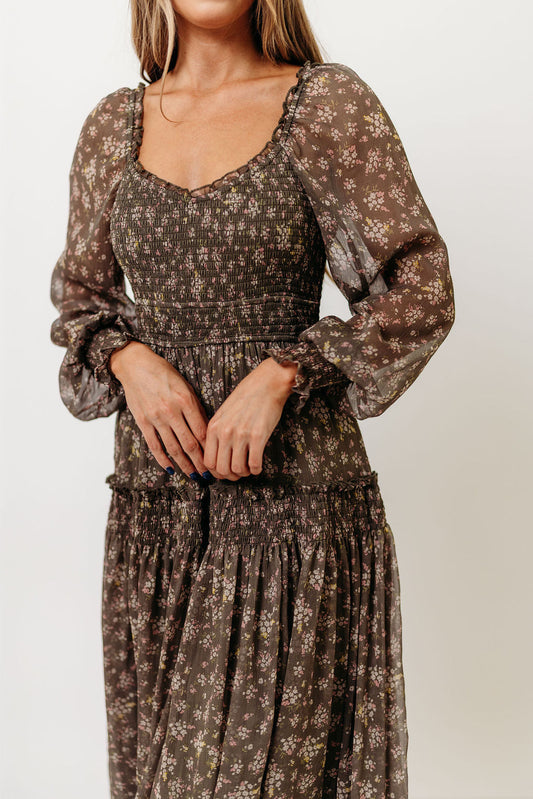 Luisa Smocked Floral Maxi Dress in Dusted Eucalyptus