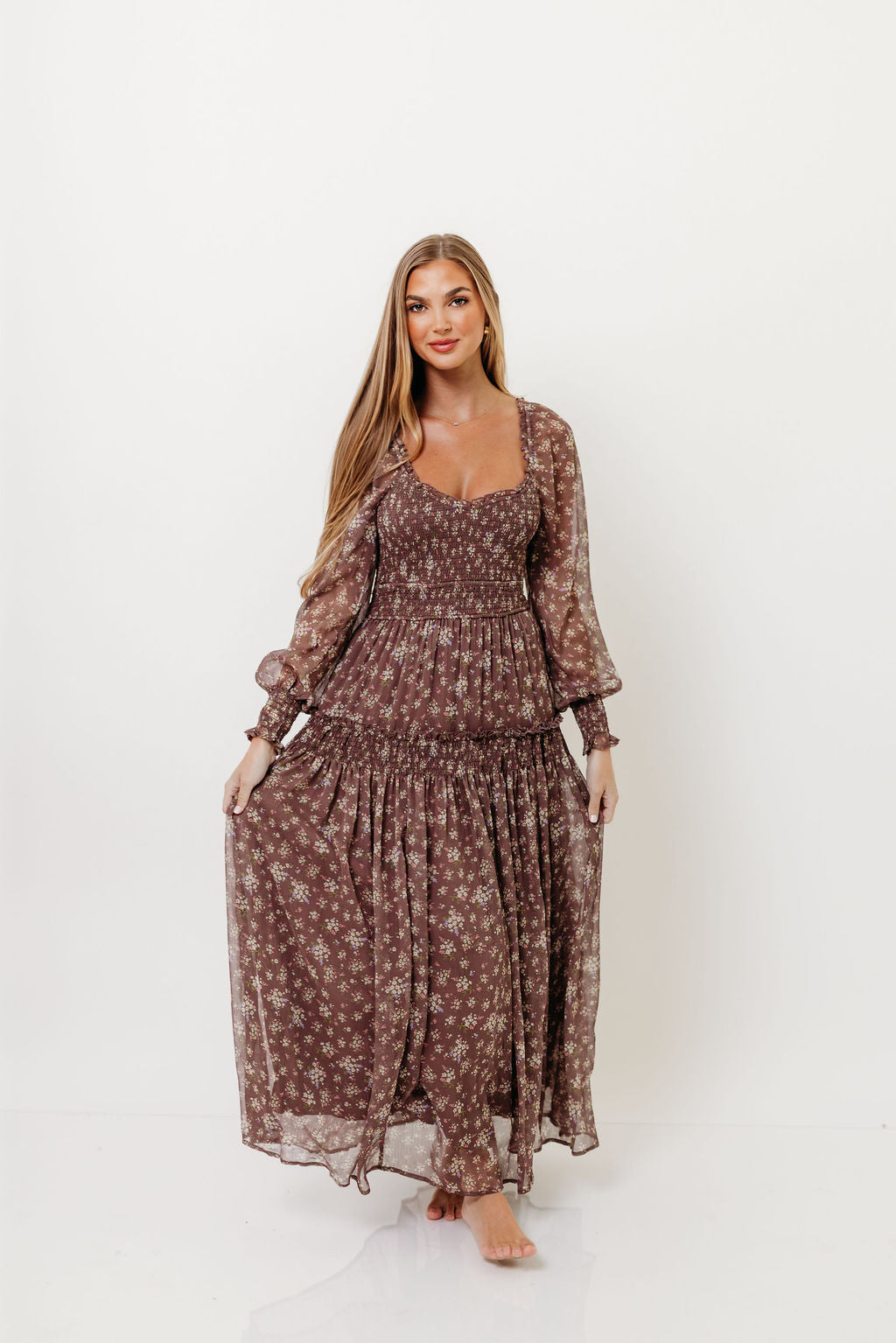 Luisa Smocked Floral Maxi Dress in Mocha Mousse
