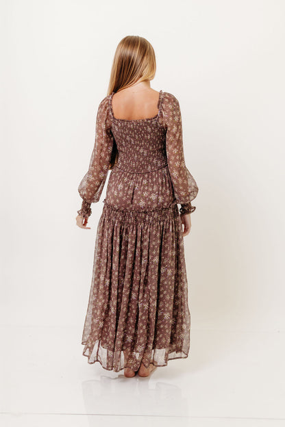 Luisa Smocked Floral Maxi Dress in Mocha Mousse