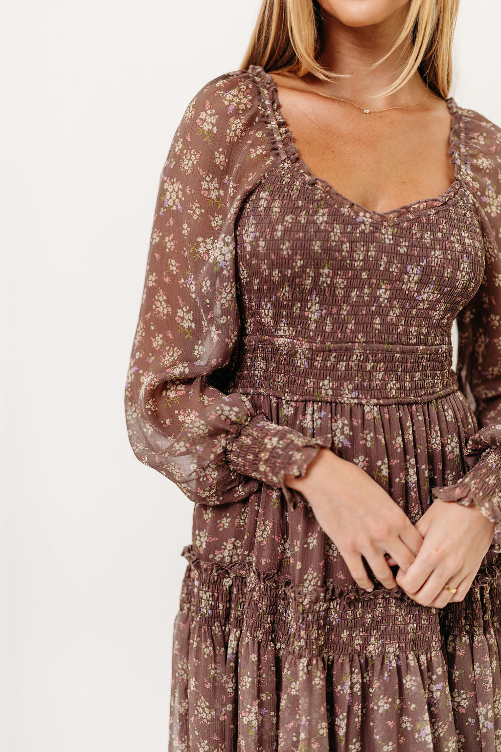 Luisa Smocked Floral Maxi Dress in Mocha Mousse