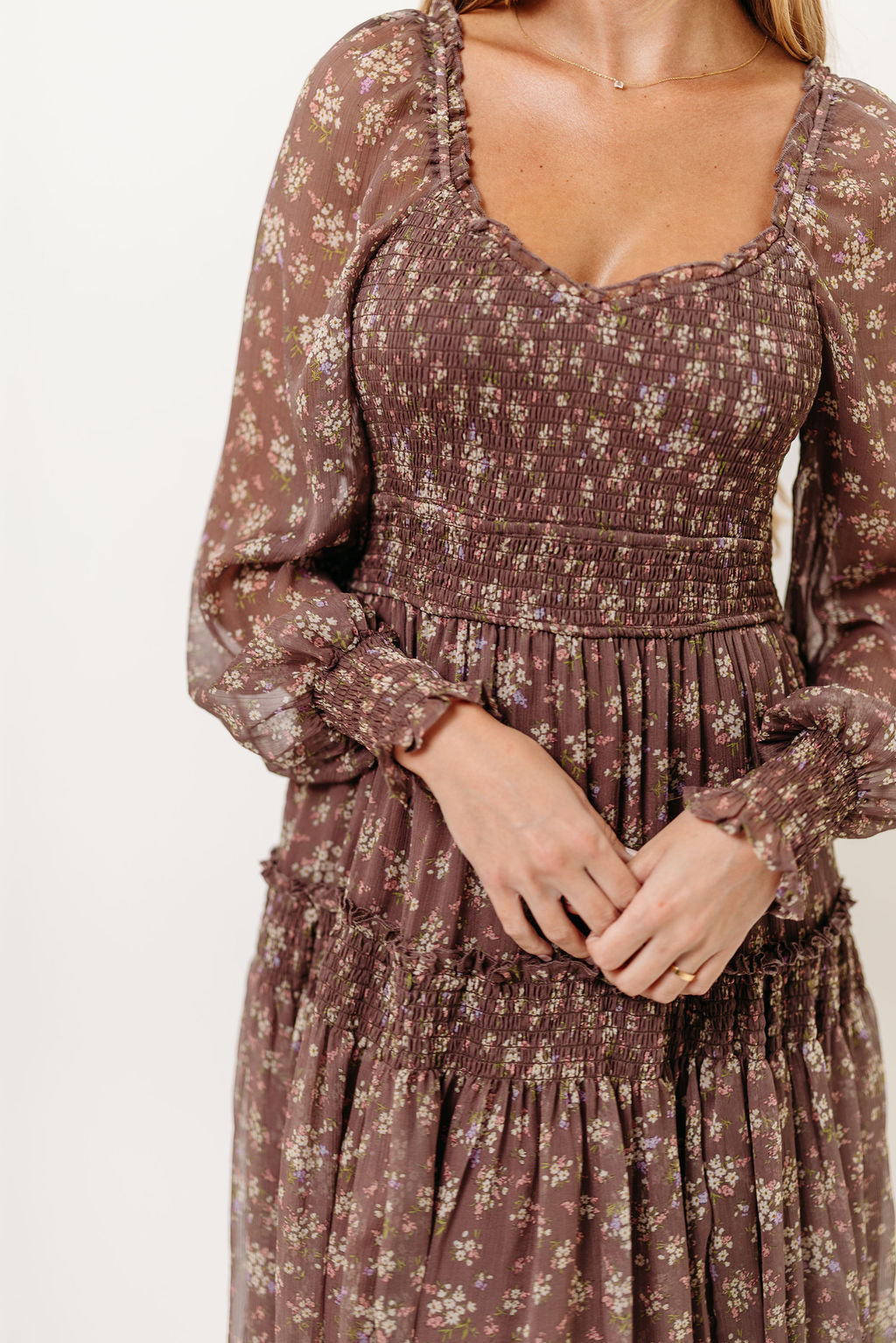 Luisa Smocked Floral Maxi Dress in Mocha Mousse