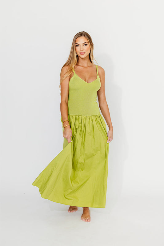 Gaby V-Neck Sleeveless Mixed Media Maxi Dress in Green