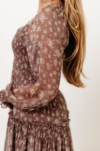 Luisa Smocked Floral Maxi Dress in Mocha Mousse