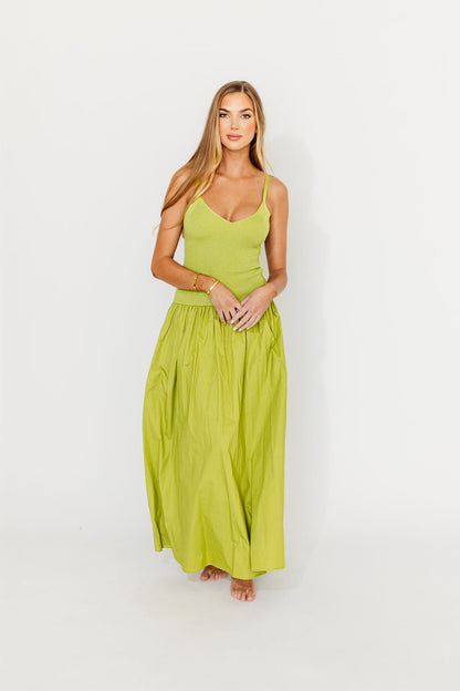 Gaby V-Neck Sleeveless Mixed Media Maxi Dress in Green