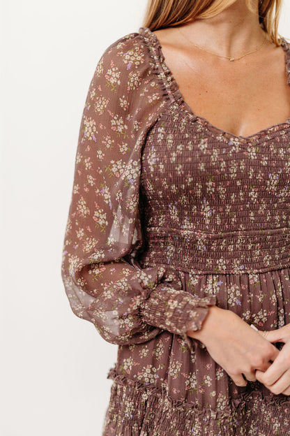 Luisa Smocked Floral Maxi Dress in Mocha Mousse