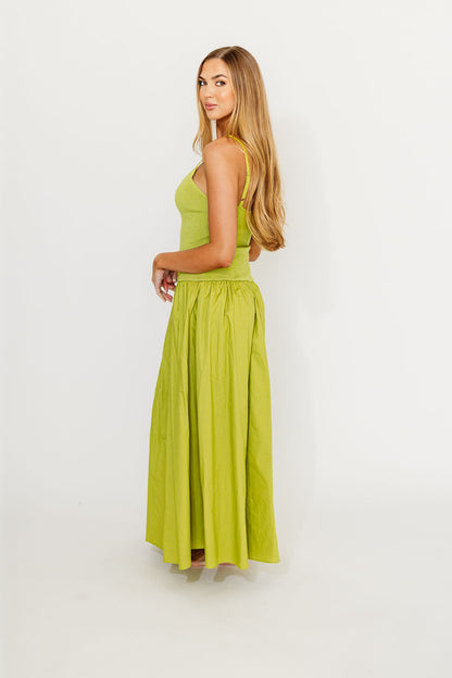 Gaby V-Neck Sleeveless Mixed Media Maxi Dress in Green