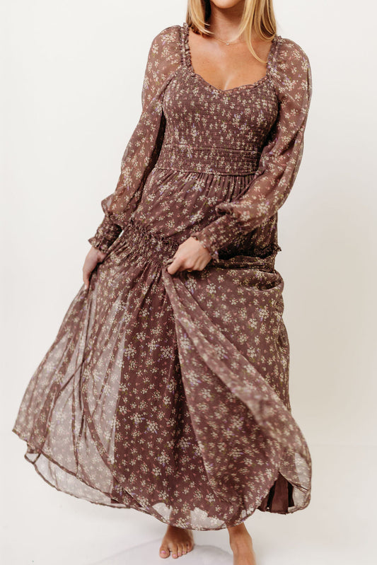 Luisa Smocked Floral Maxi Dress in Mocha Mousse