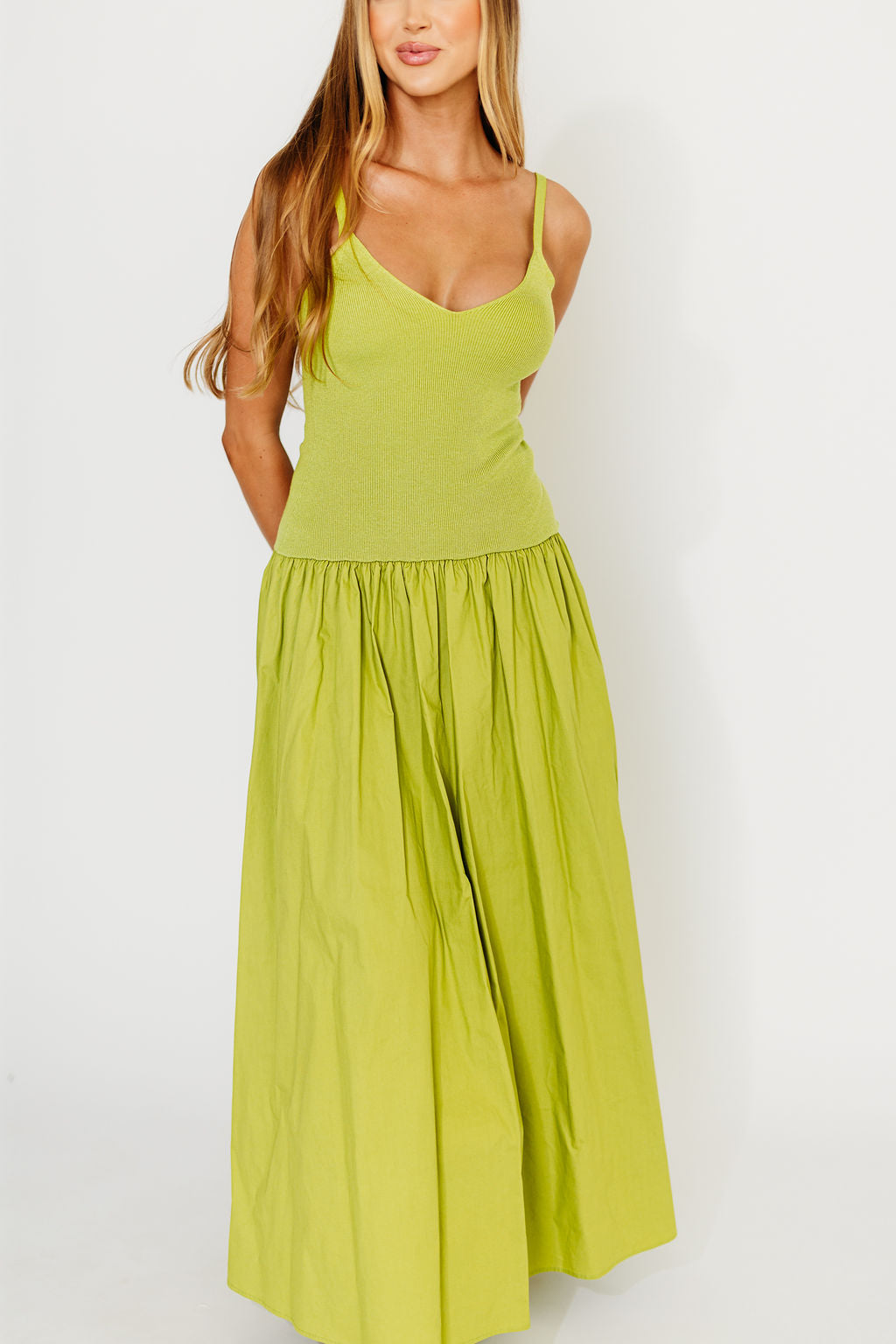 Gaby V-Neck Sleeveless Mixed Media Maxi Dress in Green