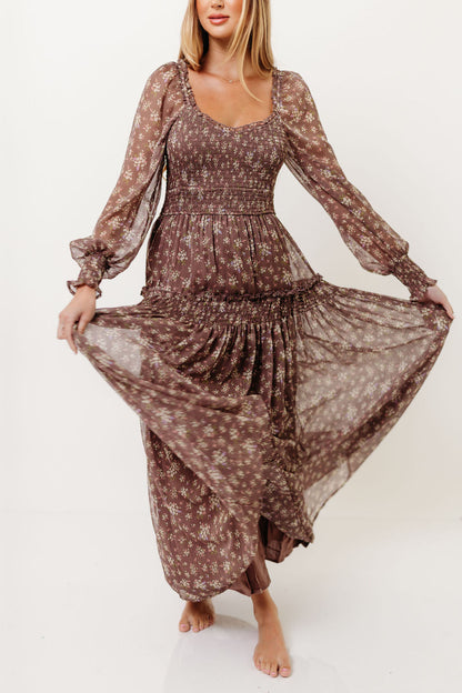 Luisa Smocked Floral Maxi Dress in Mocha Mousse