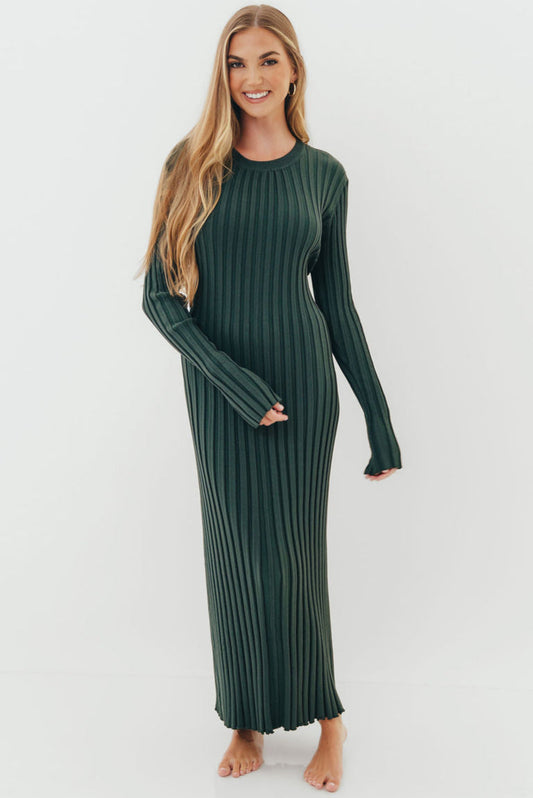 Colette Premium Long Sleeved Ribbed Knit Maxi Dress in Green - Bump Friendly