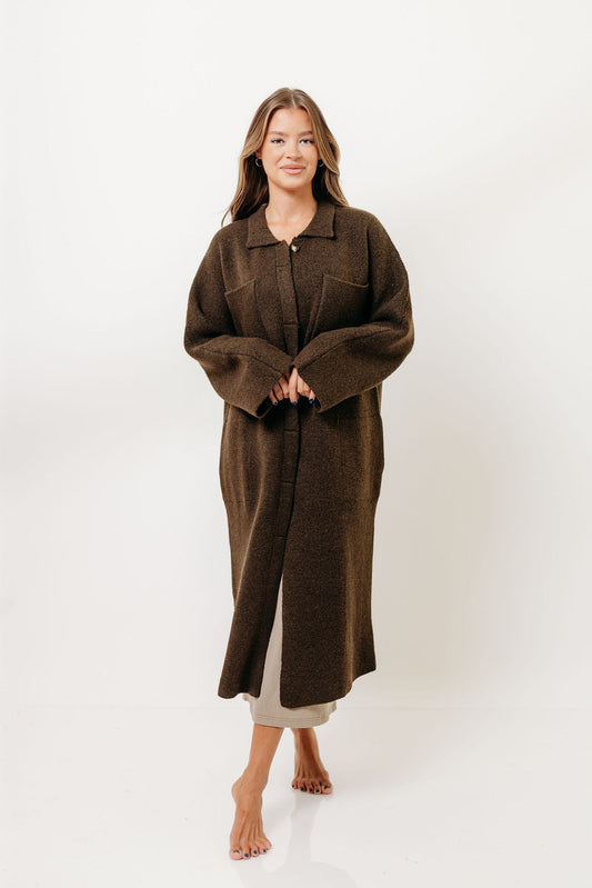 Dagny Hidden Button Maxi Jacket in Tapenade
