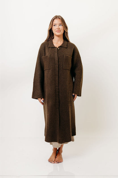 Dagny Hidden Button Maxi Jacket in Tapenade
