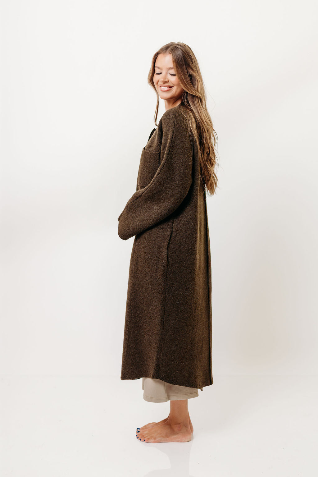 Dagny Hidden Button Maxi Jacket in Tapenade