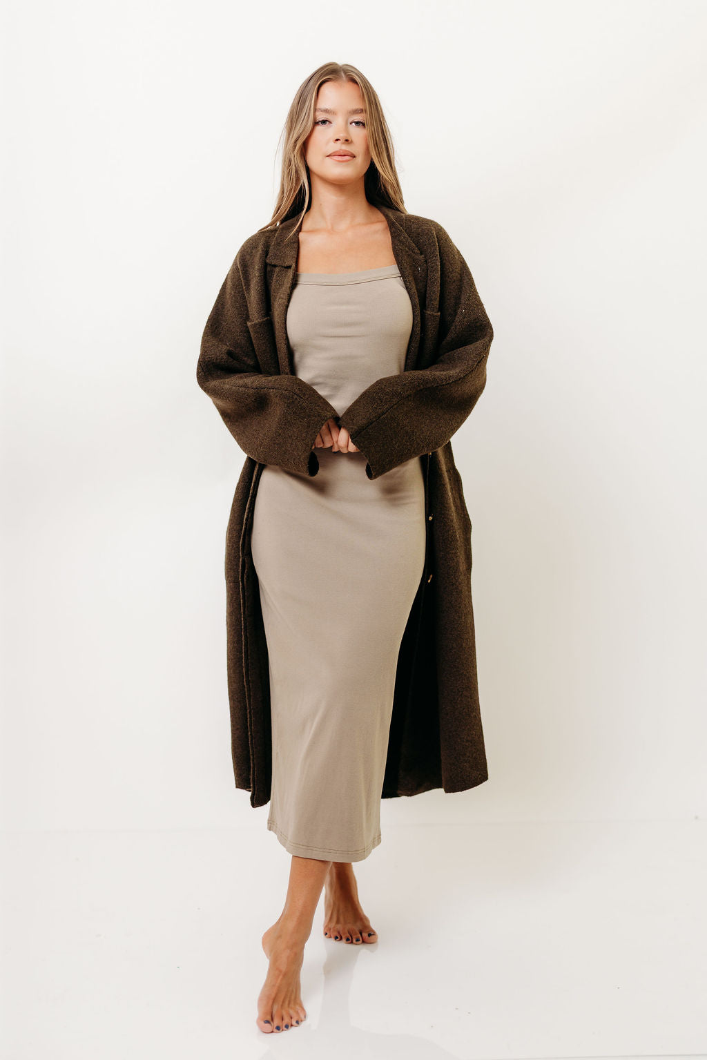 Dagny Hidden Button Maxi Jacket in Tapenade