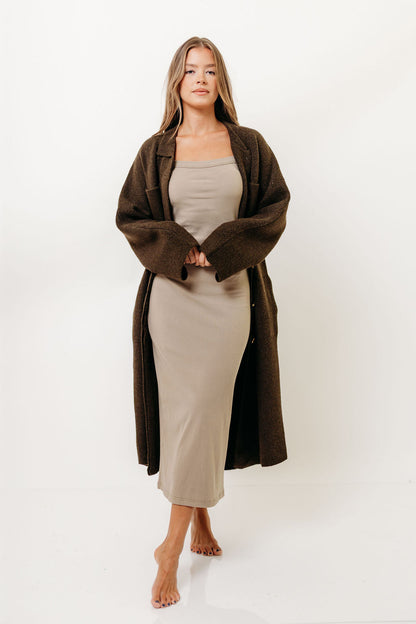 Dagny Hidden Button Maxi Jacket in Tapenade