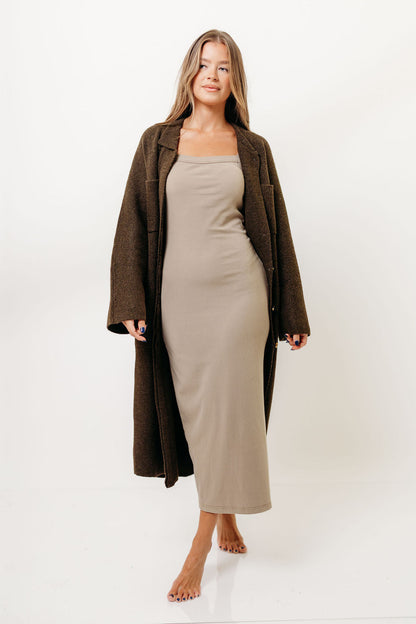Dagny Hidden Button Maxi Jacket in Tapenade