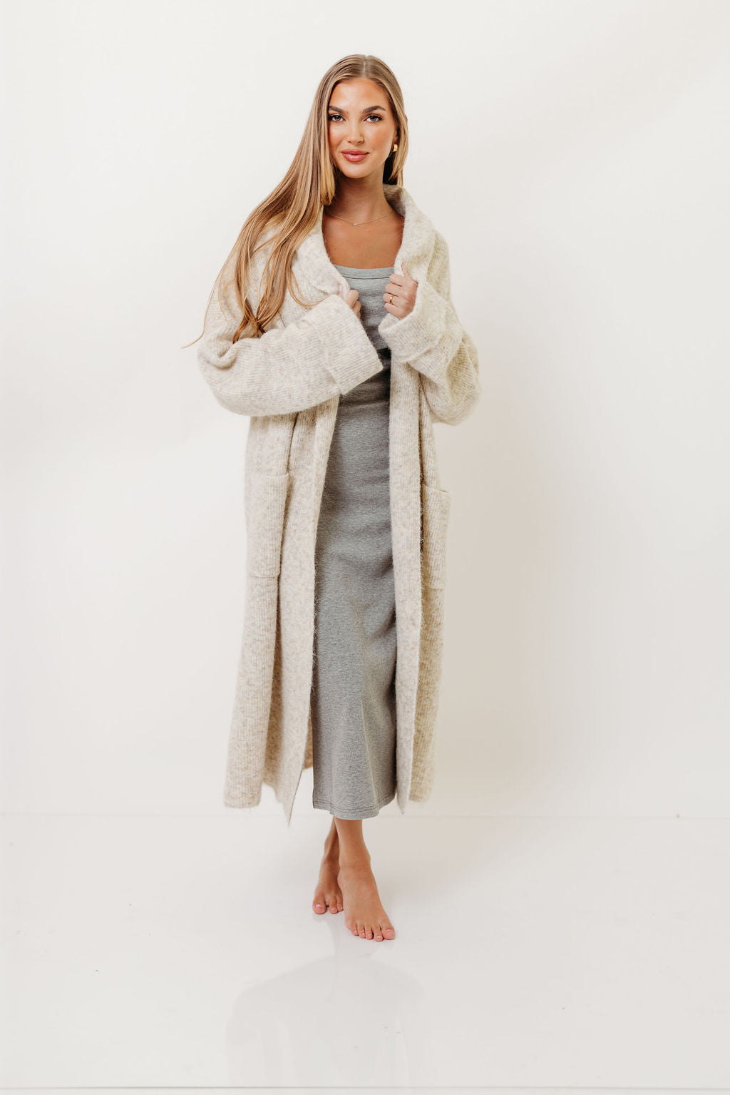 Amina Ribbed Knit Long Cardigan Jacket in Light Taupe