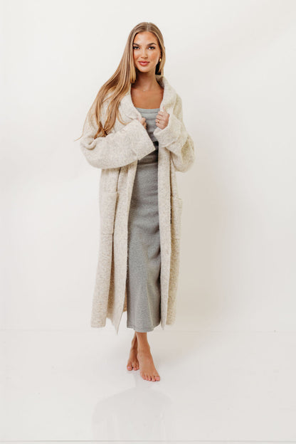 Amina Ribbed Knit Long Cardigan Jacket in Light Taupe