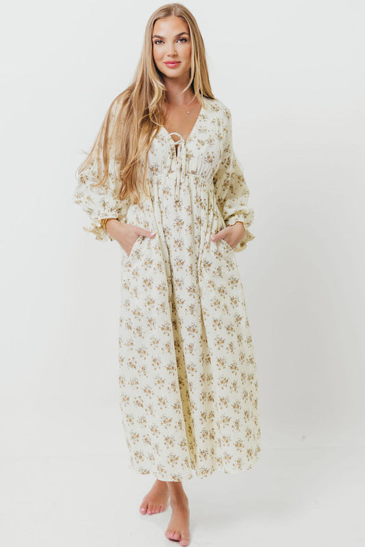 Hunter 100% Cotton Gauze Maxi Dress with Detail Trimming in Cream Taupe Floral - Bump Friendly and Inclusive Sizing