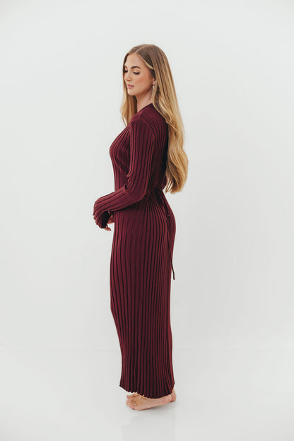 Colette Premium Long Sleeved Ribbed Knit Maxi Dress in Burgundy - Bump Friendly