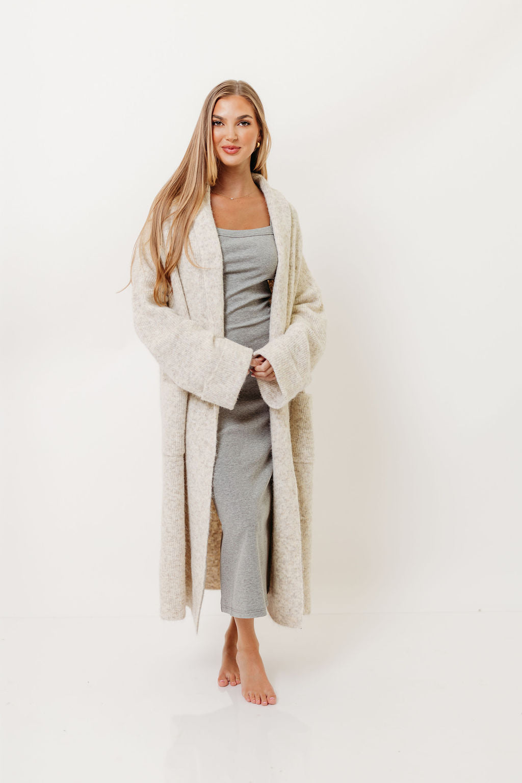Amina Ribbed Knit Long Cardigan Jacket in Light Taupe