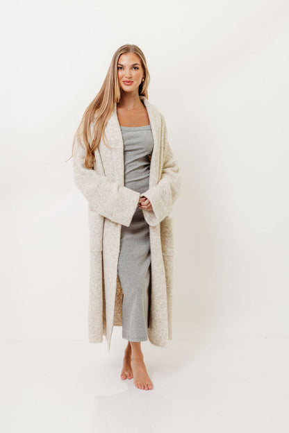 Amina Ribbed Knit Long Cardigan Jacket in Light Taupe