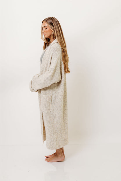 Amina Ribbed Knit Long Cardigan Jacket in Light Taupe