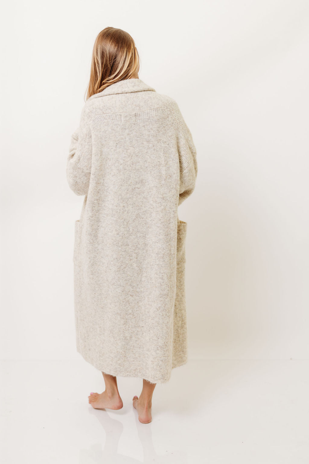Amina Ribbed Knit Long Cardigan Jacket in Light Taupe