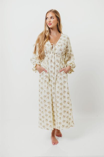 Hunter 100% Cotton Gauze Maxi Dress with Detail Trimming in Cream Taupe Floral - Bump Friendly and Inclusive Sizing