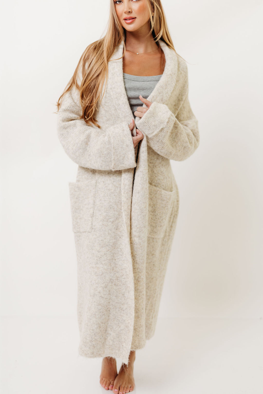 Amina Ribbed Knit Long Cardigan Jacket in Light Taupe