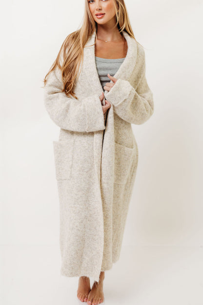Amina Ribbed Knit Long Cardigan Jacket in Light Taupe