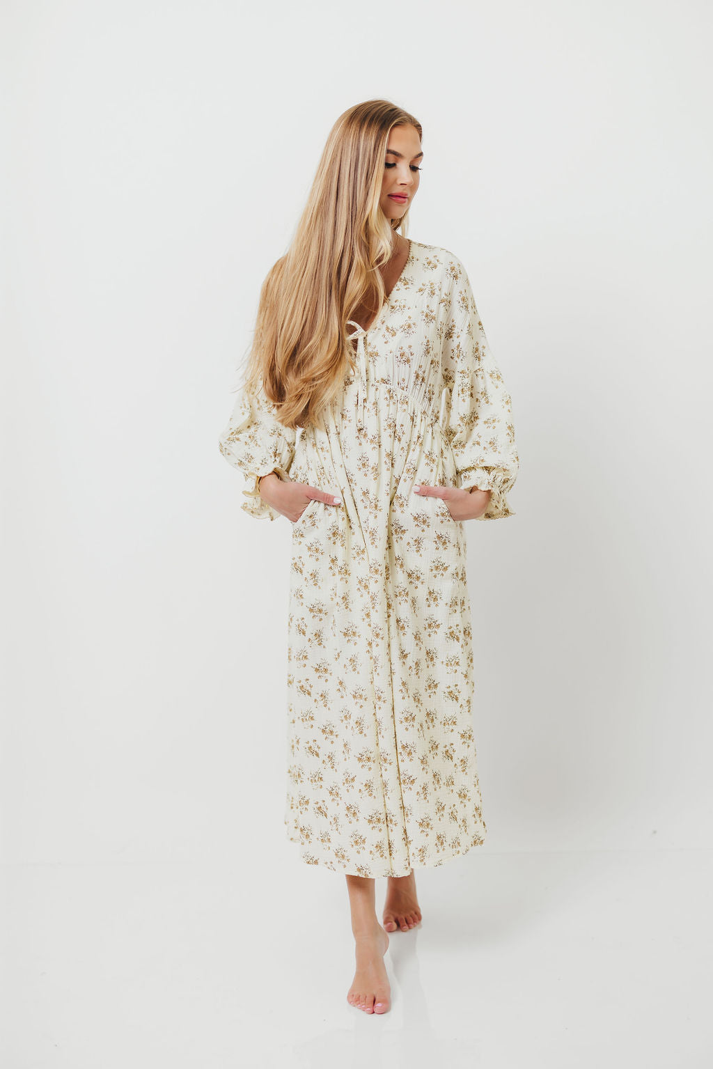 Hunter 100% Cotton Gauze Maxi Dress with Detail Trimming in Cream Taupe Floral - Bump Friendly and Inclusive Sizing
