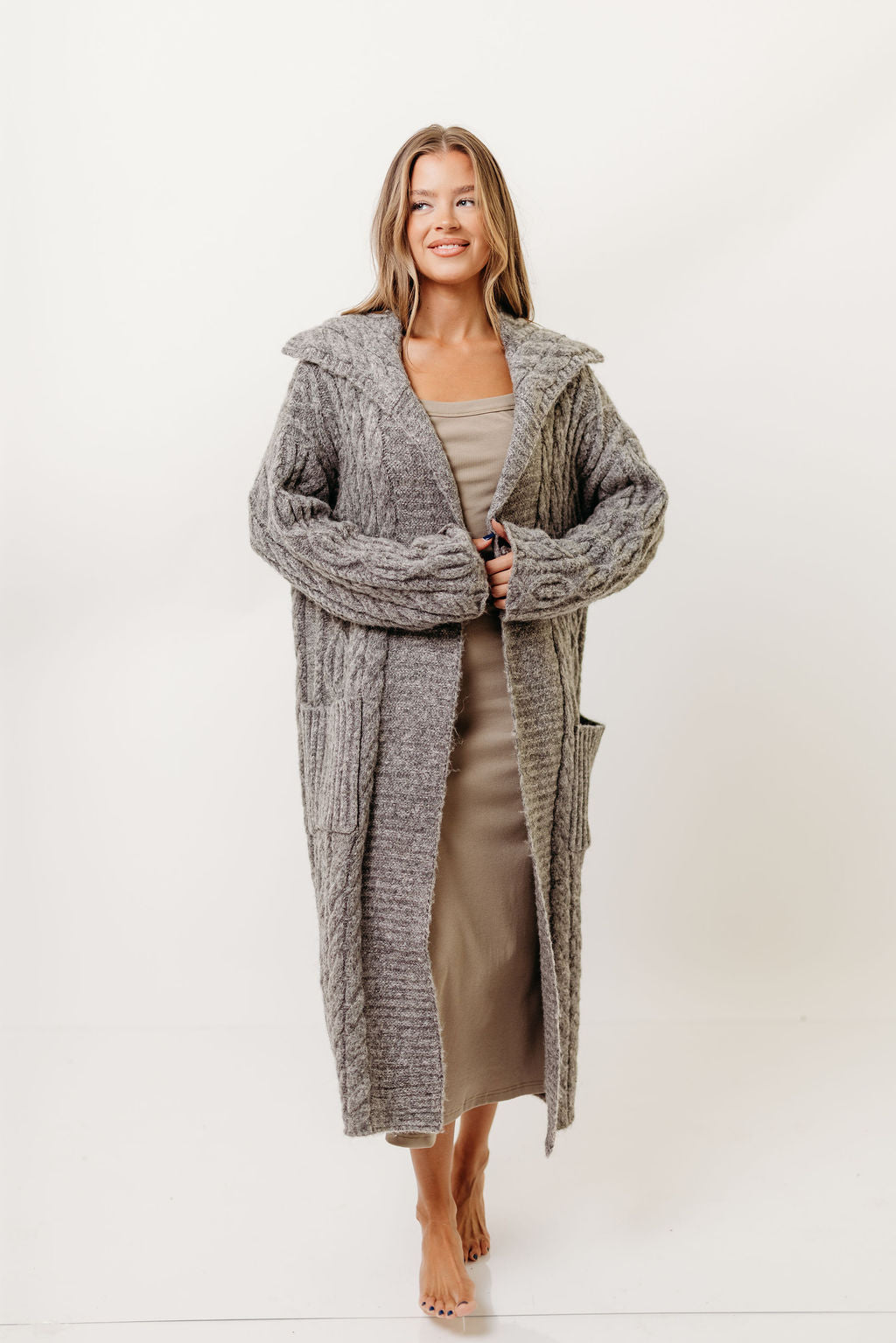 Sandra Cable Knit Cardigan Jacket in Charcoal