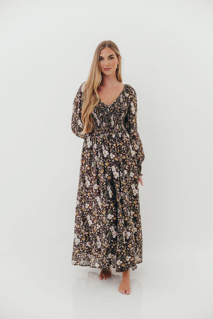 Luann Floral Maxi Dress in Mocha Mousse